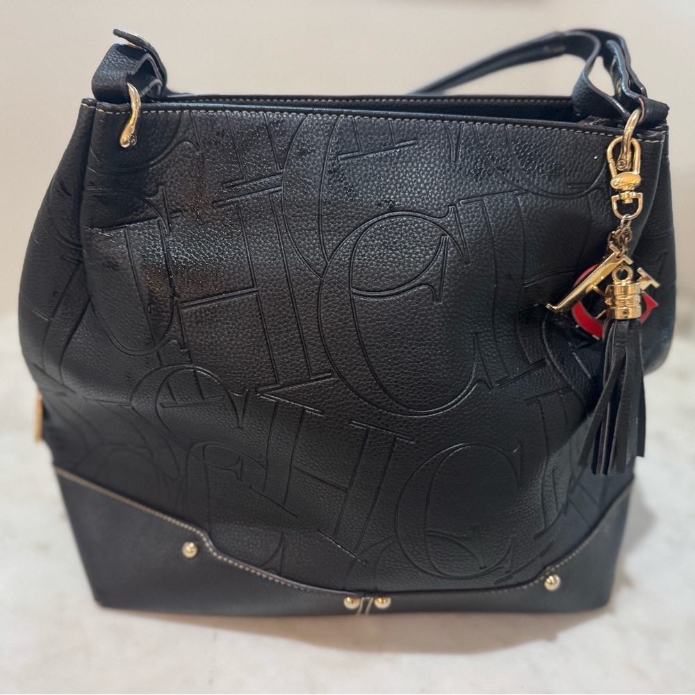 Carolina Herrera Black Embossed Leather Shoulder Bag with Gold Accents